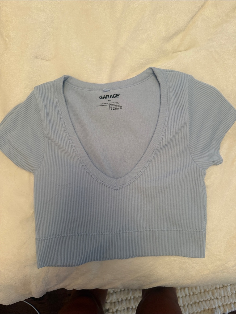Garage Light Blue Ribbed V-Neck Crop Top